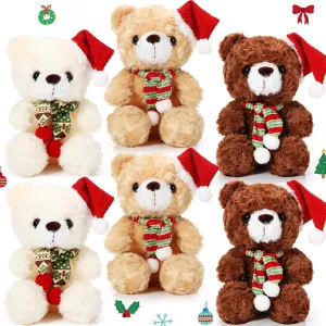 Aoriher 6 Pcs Christmas Bear Bulk Stuffed Animal Plush Operation Christmas Baby Shower White Light Brown Dark Brown Winter Bear with Hat Scarf Toys Soft Cute Xmas Bear Dolls Decorations