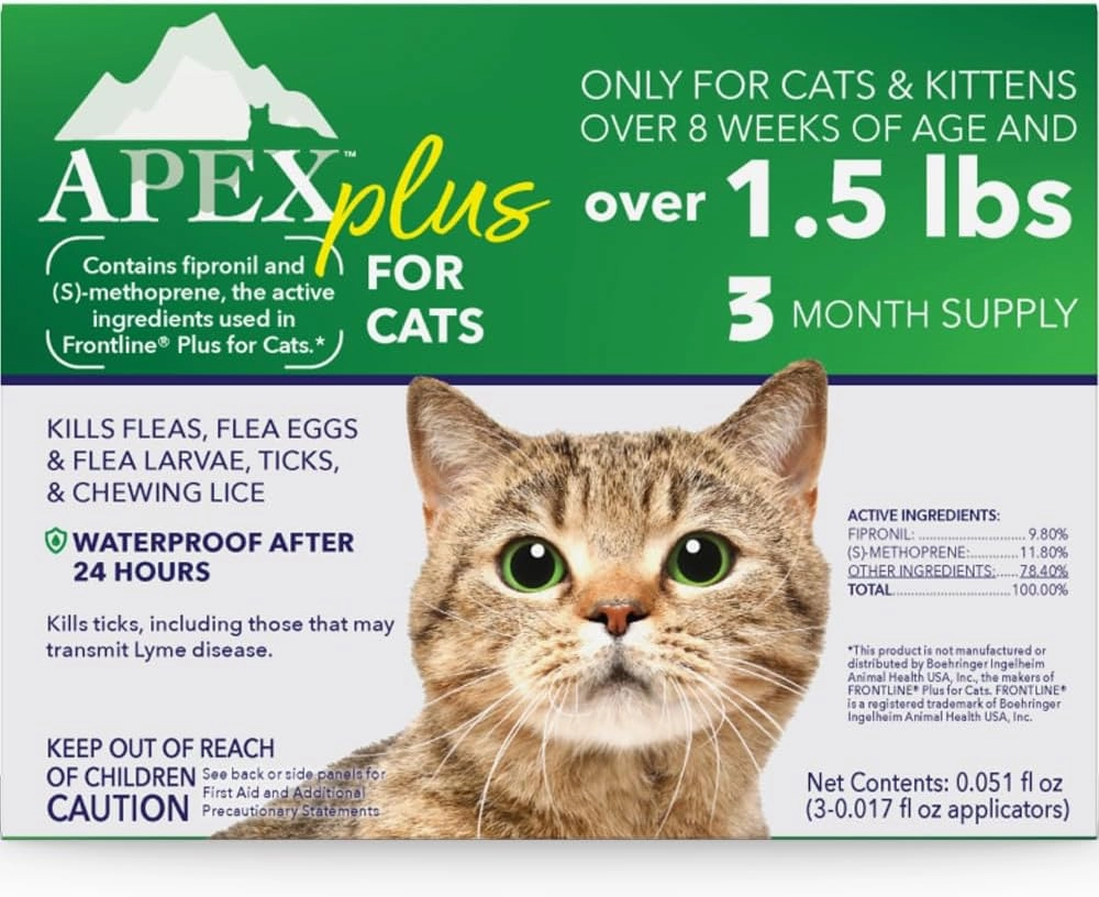 Apex Plus Flea Treatment for Cats, 1.5  lbs | 3-Month Supply | Cat Flea and Tick Treatment Drops | 24-Hour Activation, Waterproof, 30-Day Protection