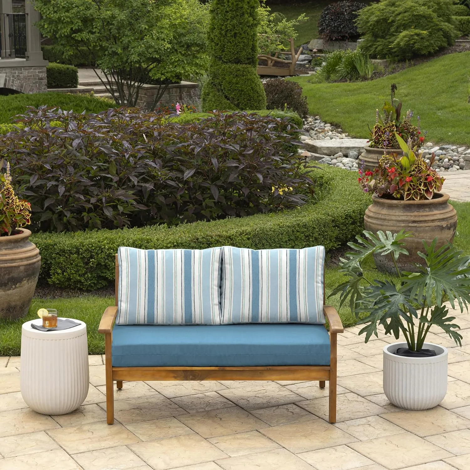 Arden Outdoor Loveseat Cushion Set, 48 x 24, Water Repellent, Fade Resistant, Cushion Set for Couch, Bench, and Swing 48 x 24, French Blue Linen Stripe