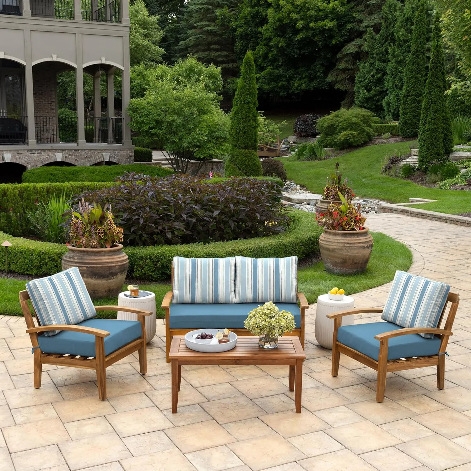 Arden Outdoor Loveseat Cushion Set, 48 x 24, Water Repellent, Fade Resistant, Cushion Set for Couch, Bench, and Swing 48 x 24, French Blue Linen Stripe