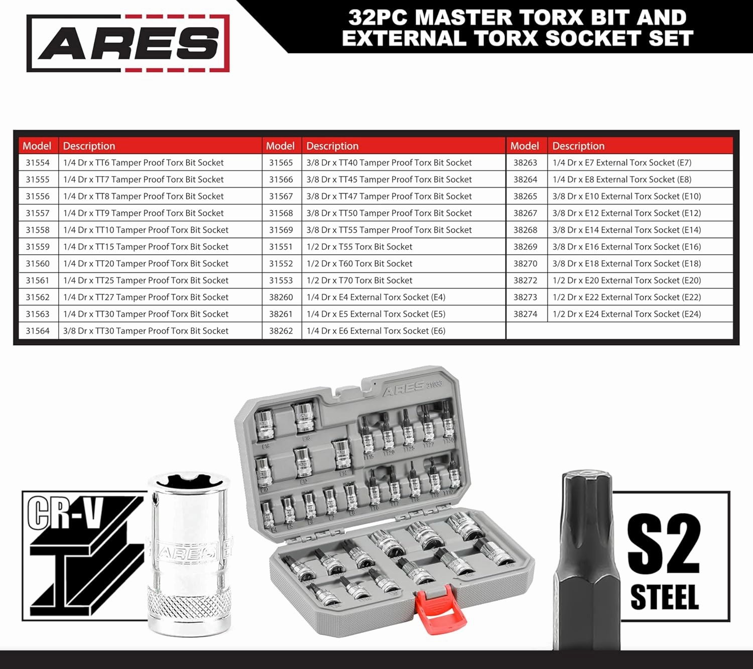 ARES 31033 – 32-Piece Master Torx Bit Socket and Socket Set – 1/4-Inch, 3/8-Inch, and 1/2-Inch Drives - S2 Steel Set Includes Star and Tamper Star Bit Sockets and E-Torx Sockets
