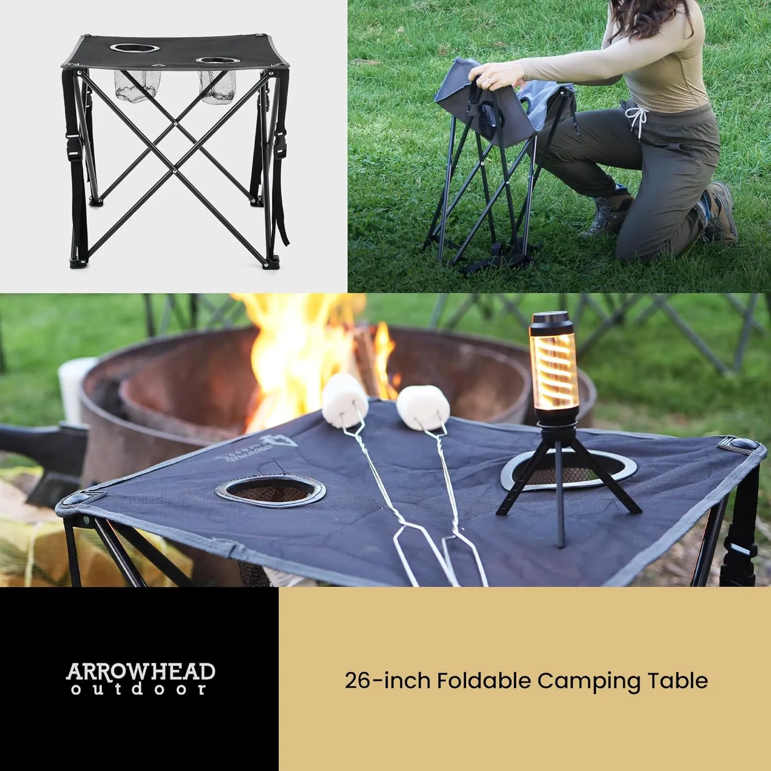 ARROWHEAD OUTDOOR 2-Pack 26” (66cm) Heavy-Duty Portable Camping Folding Table, 2 Cup Holders, Compact, Square, Carrying Case Included, Steel Frame, High-Grade 600D Canvas