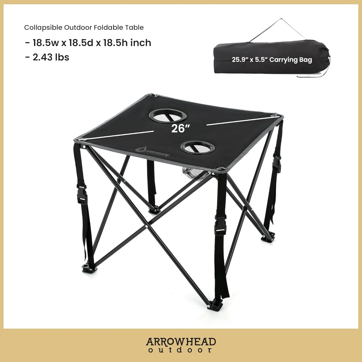 ARROWHEAD OUTDOOR 2-Pack 26” (66cm) Heavy-Duty Portable Camping Folding Table, 2 Cup Holders, Compact, Square, Carrying Case Included, Steel Frame, High-Grade 600D Canvas