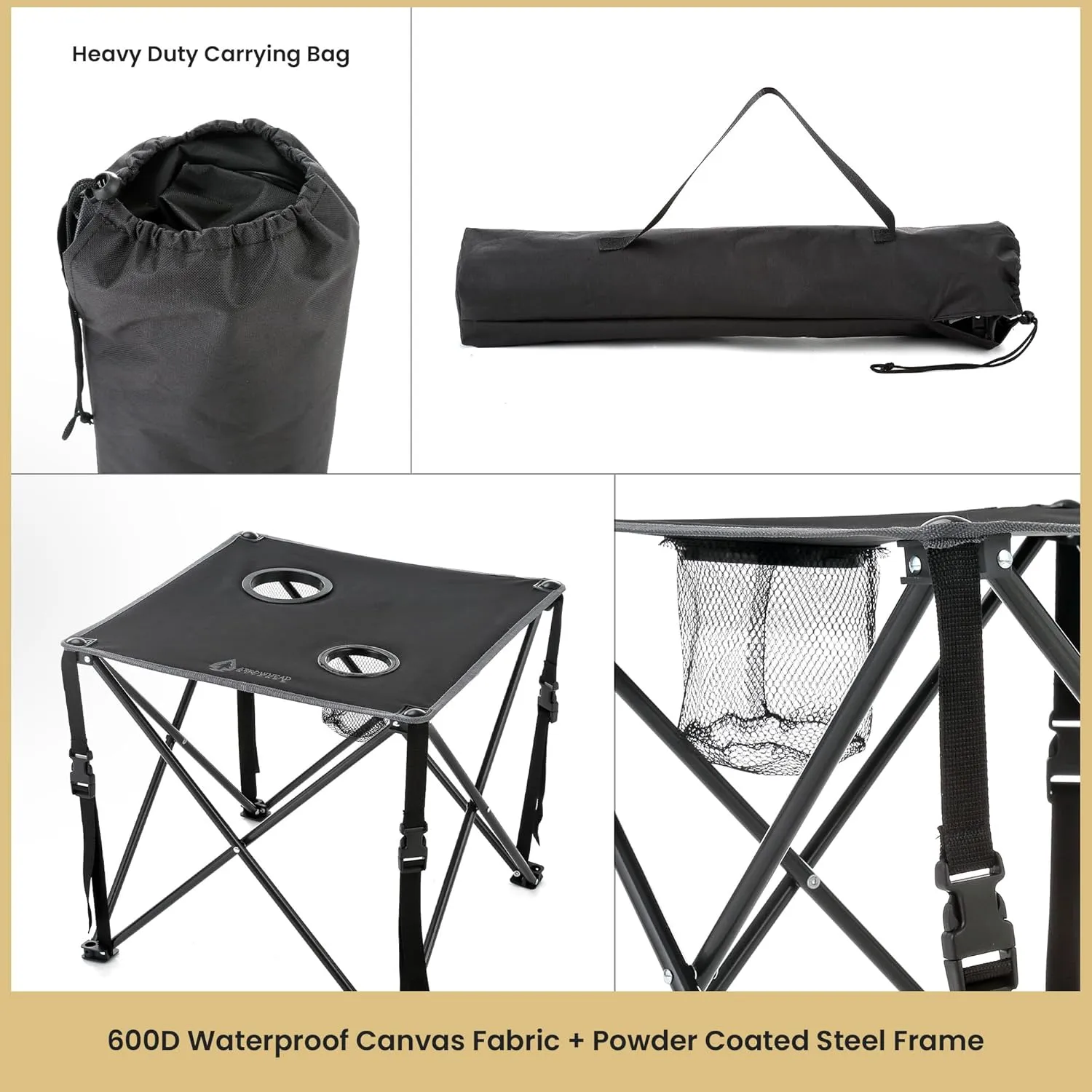 ARROWHEAD OUTDOOR 2-Pack 26” (66cm) Heavy-Duty Portable Camping Folding Table, 2 Cup Holders, Compact, Square, Carrying Case Included, Steel Frame, High-Grade 600D Canvas