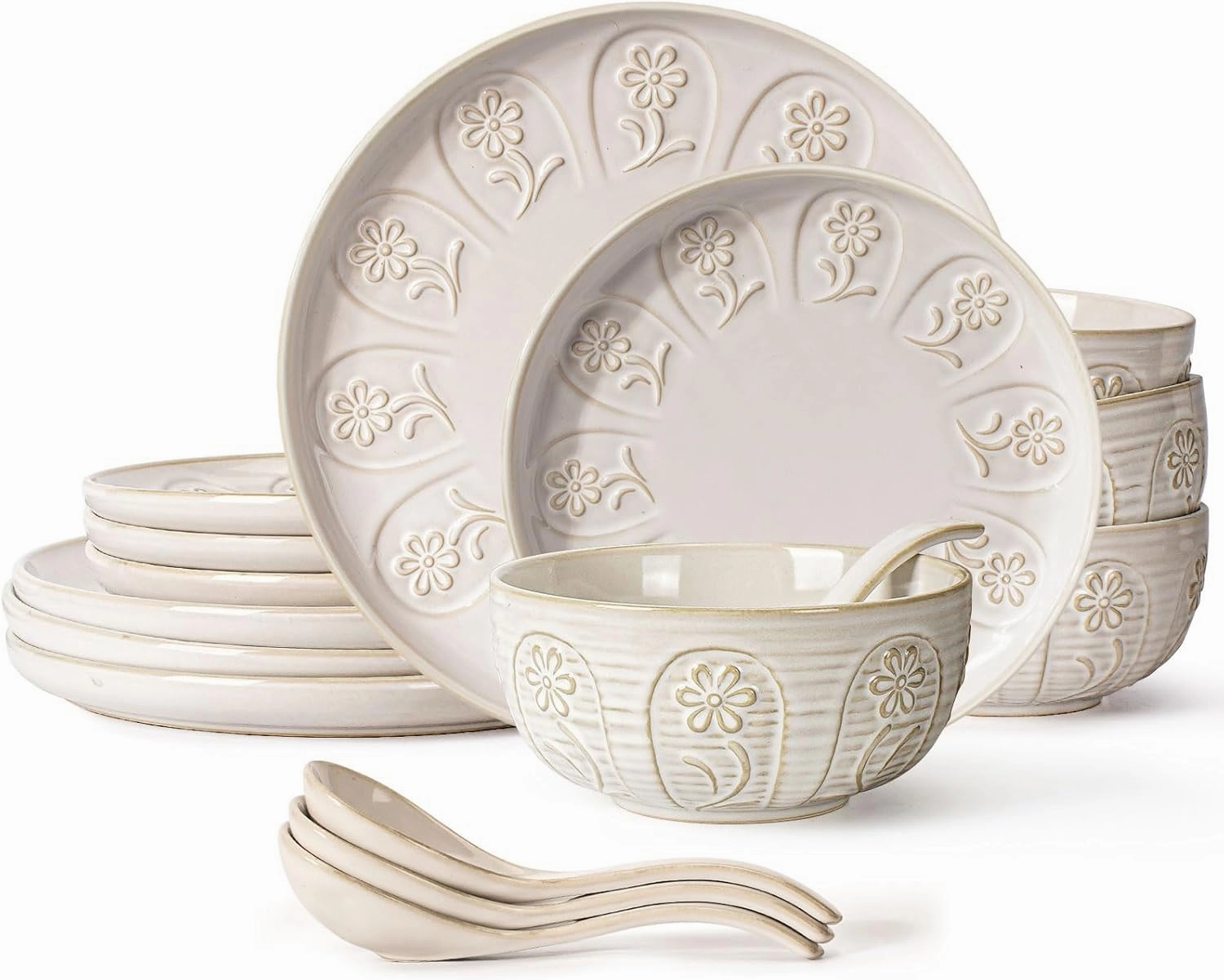 Artena Plates And Bowls Sets, 16 Pieces Dinnerware Sets, Dish Set For 4, Ceramic Kitchen Bowl And Plate Set, Embossed White Dishware Sets, Dishwasher & Microwave Safe (Pinwheel Flower)
