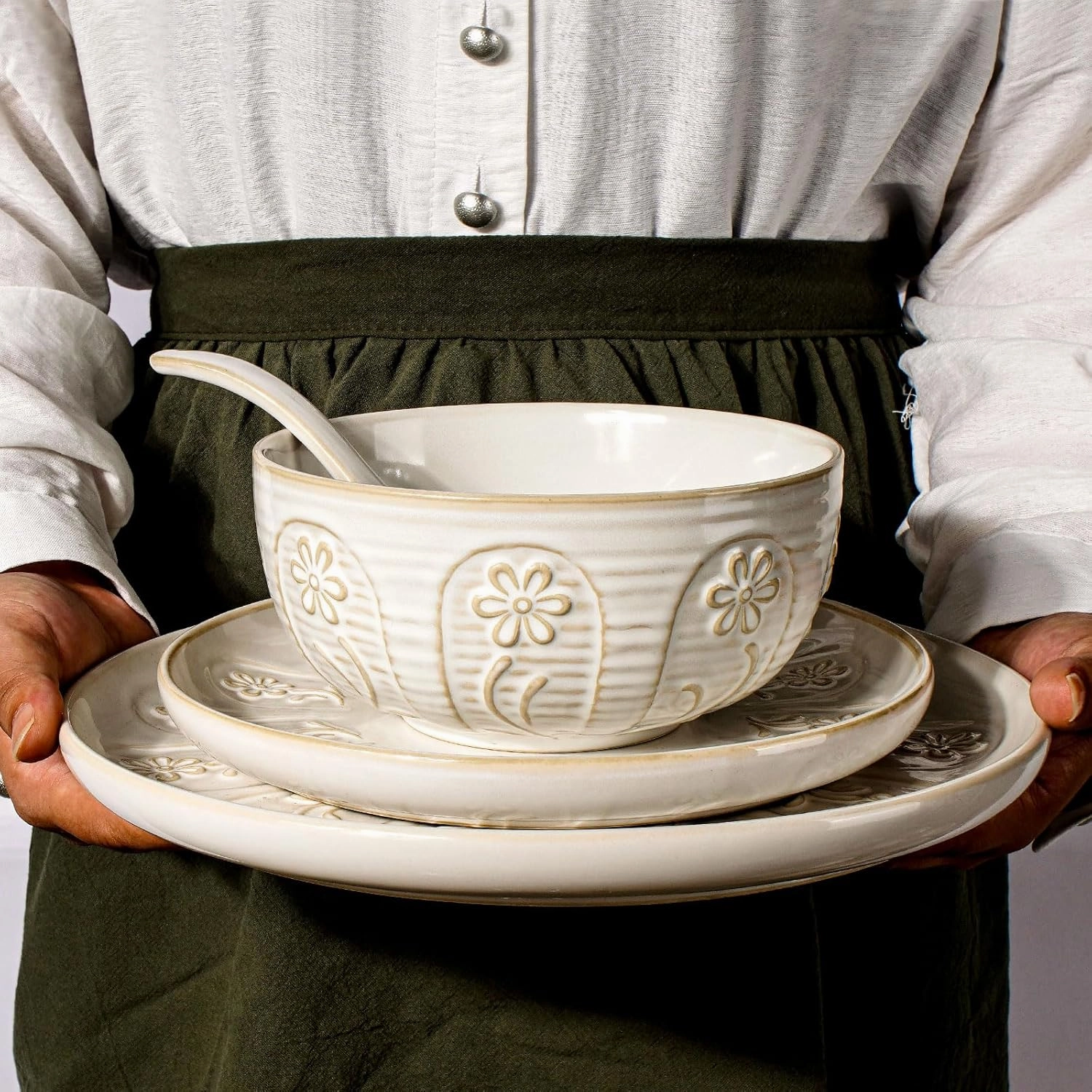 Artena Plates And Bowls Sets, 16 Pieces Dinnerware Sets, Dish Set For 4, Ceramic Kitchen Bowl And Plate Set, Embossed White Dishware Sets, Dishwasher & Microwave Safe (Pinwheel Flower)