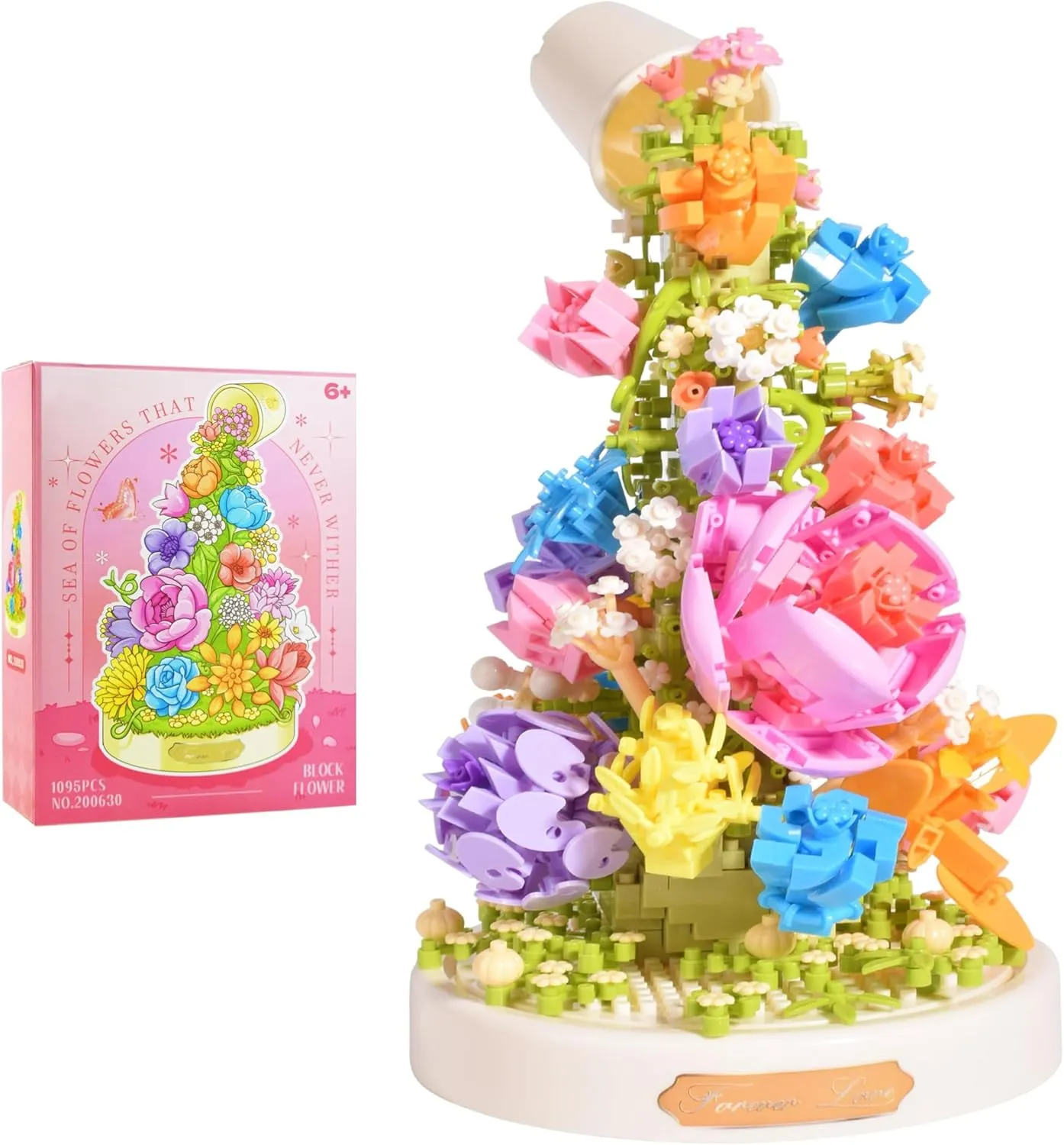 Artificial Sea of Flowers Micro Building Blocks Set with LED Light for Girls or Women (Adults or Kids Ages of 14 ) a Creative Project Gift Botanical Collection Crafts Set 1095PCS