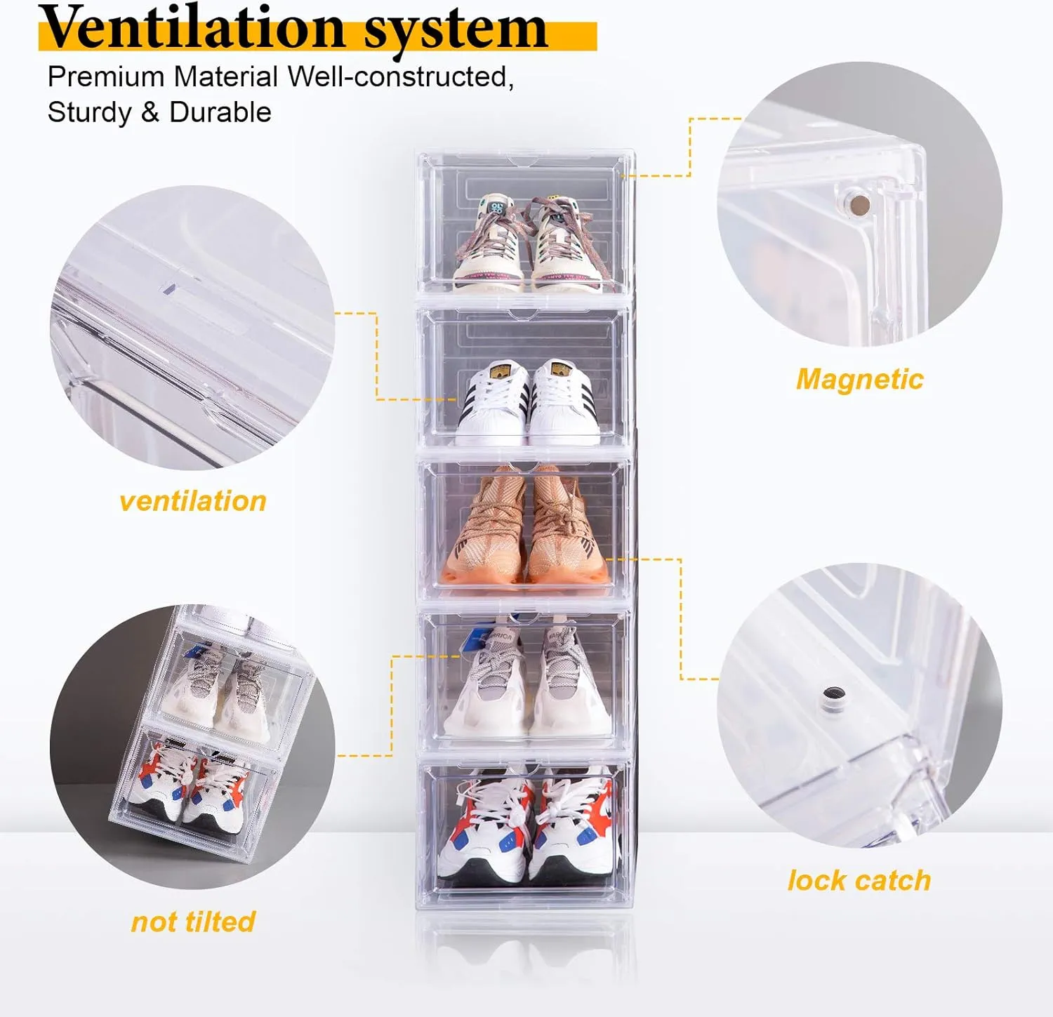 Attelite Shoe Box,Set of 6,Stackable Plastic Clear Shoe Box Organizer with Magnetic Door,Shoe Storage Box Thicken Sturdy,Easy Assembly,Fit up to US Size 12,Black