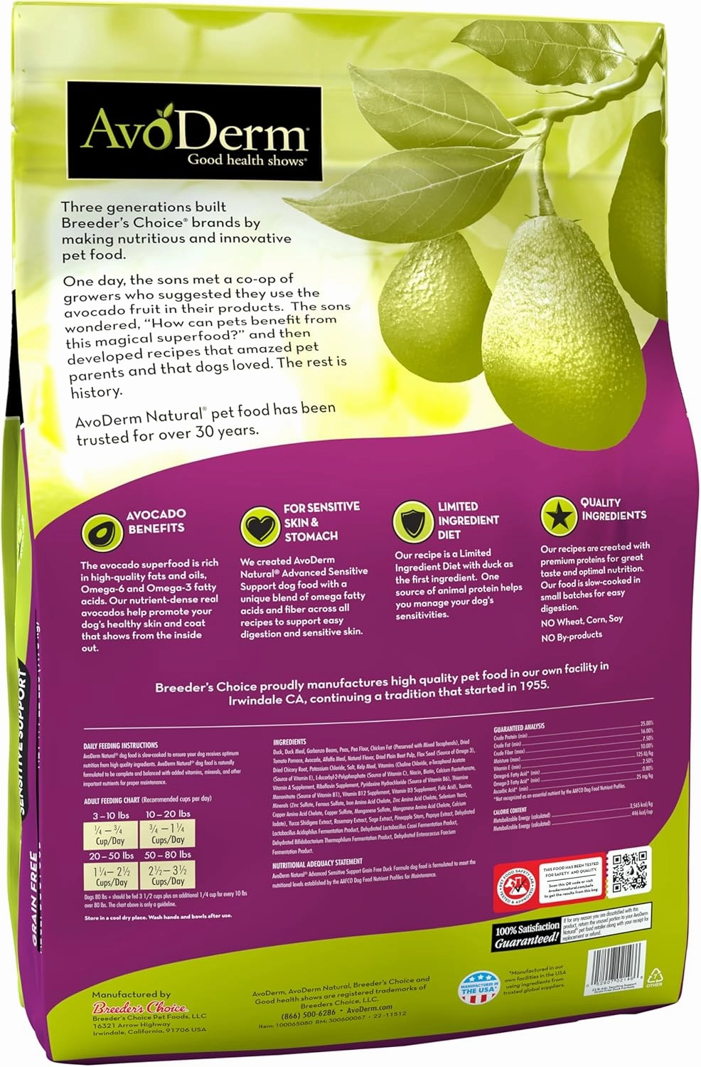 AvoDerm Advanced Sensitive Support Grain-Free Duck Formula Dog Food, Sensitive Stomach, 22lb
