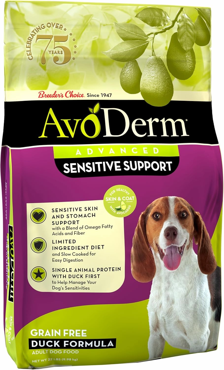AvoDerm Advanced Sensitive Support Grain-Free Duck Formula Dog Food, Sensitive Stomach, 22lb