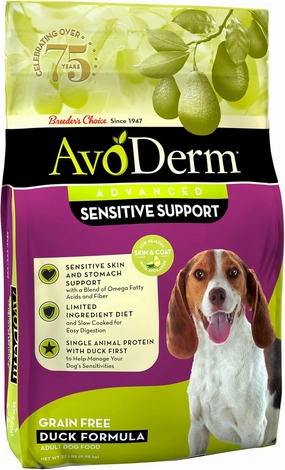 AvoDerm Advanced Sensitive Support Grain-Free Duck Formula Dog Food, Sensitive Stomach, 22lb