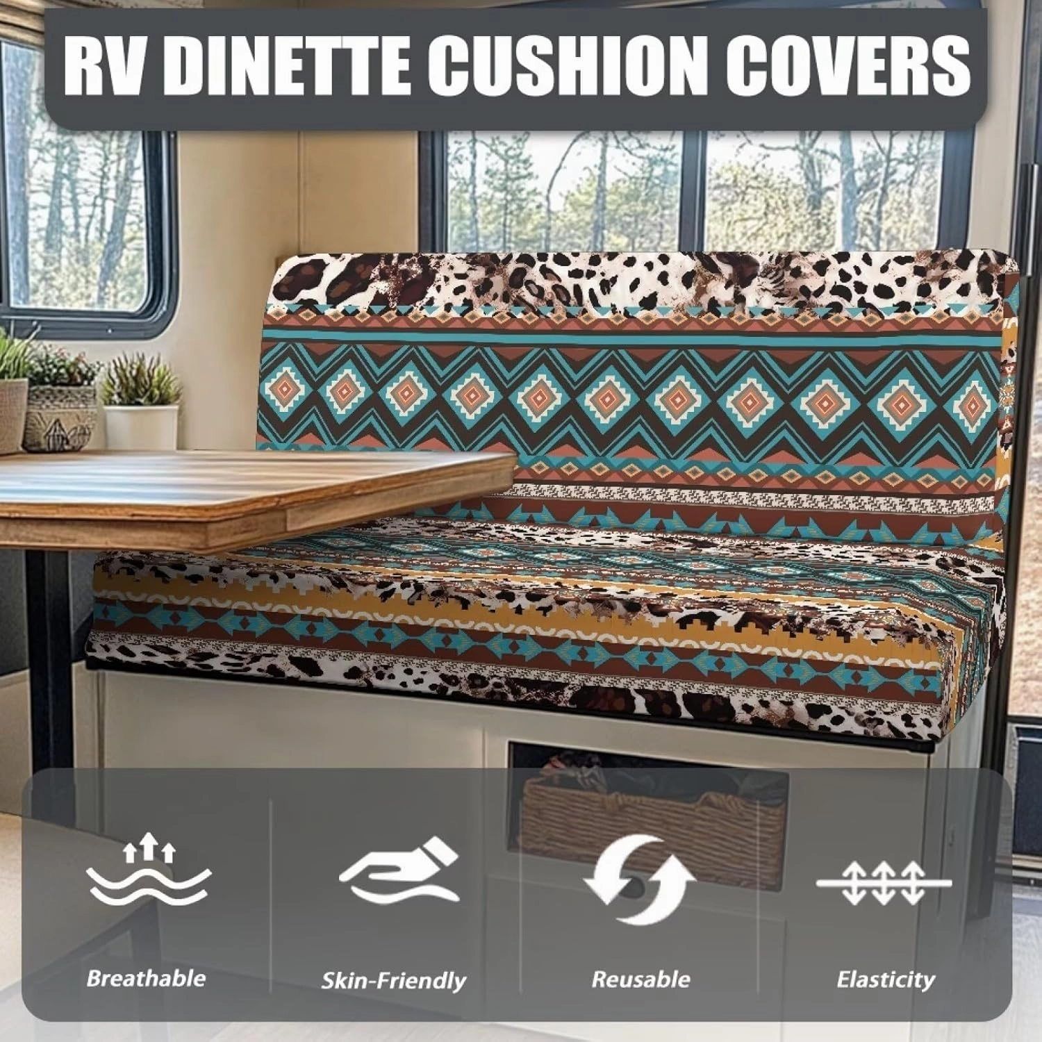 Aztec Cow Print RV Dinette Cushion Covers Brown RV Sofa Cover Set Comfortable Camper Cushion Covers Washable Slipcover Couch Cover for RV Camper Sofa Camper Accessories for Inside Decor