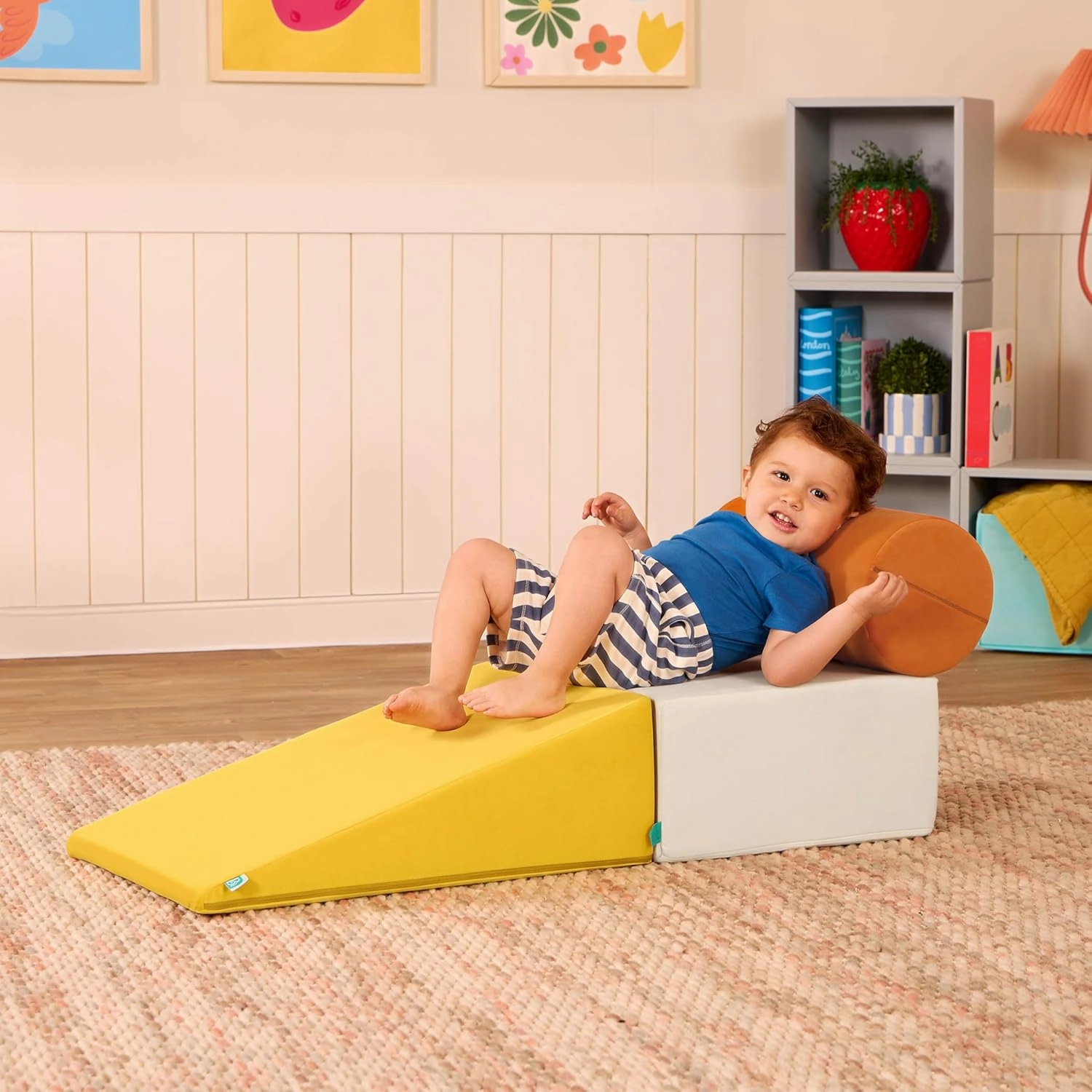 B. toys - Sensory Foam Building Blocks for Toddlers & Babies - 3-Piece Climbing Set with Cylinder, Ramp & Block - Machine Washable Covers with Easy-Grip Handles - Indoor Play Shapes for 12  Months