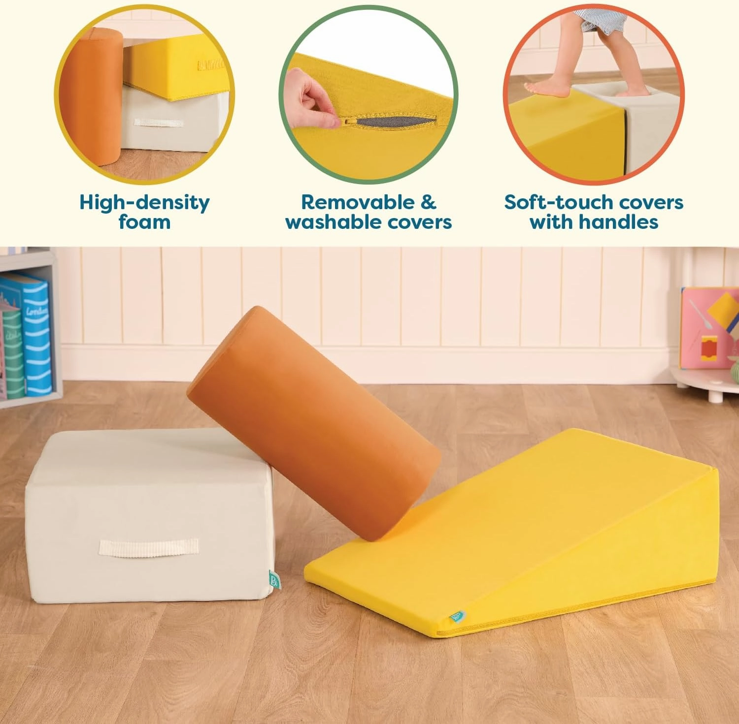 B. toys - Sensory Foam Building Blocks for Toddlers & Babies - 3-Piece Climbing Set with Cylinder, Ramp & Block - Machine Washable Covers with Easy-Grip Handles - Indoor Play Shapes for 12  Months