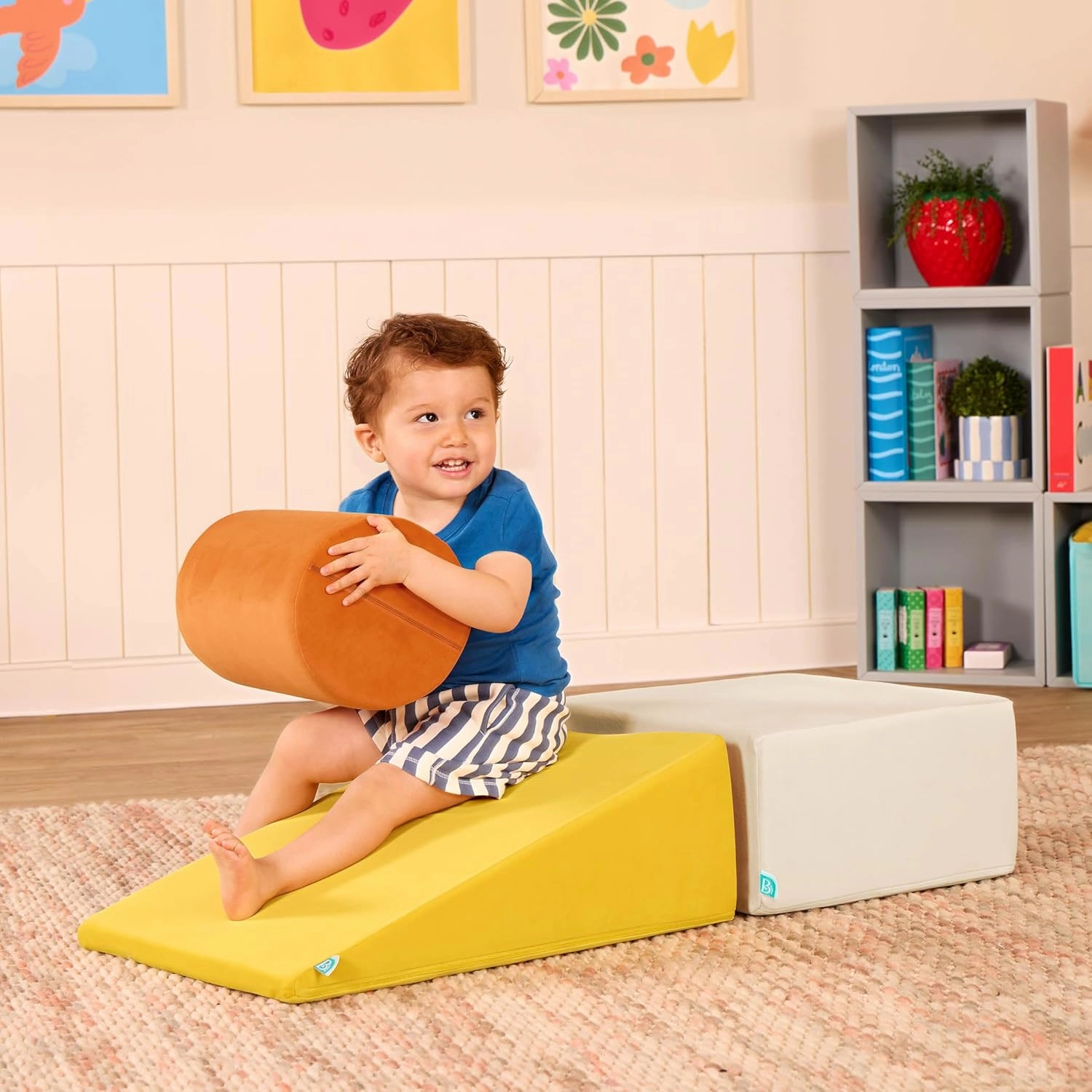 B. toys - Sensory Foam Building Blocks for Toddlers & Babies - 3-Piece Climbing Set with Cylinder, Ramp & Block - Machine Washable Covers with Easy-Grip Handles - Indoor Play Shapes for 12  Months
