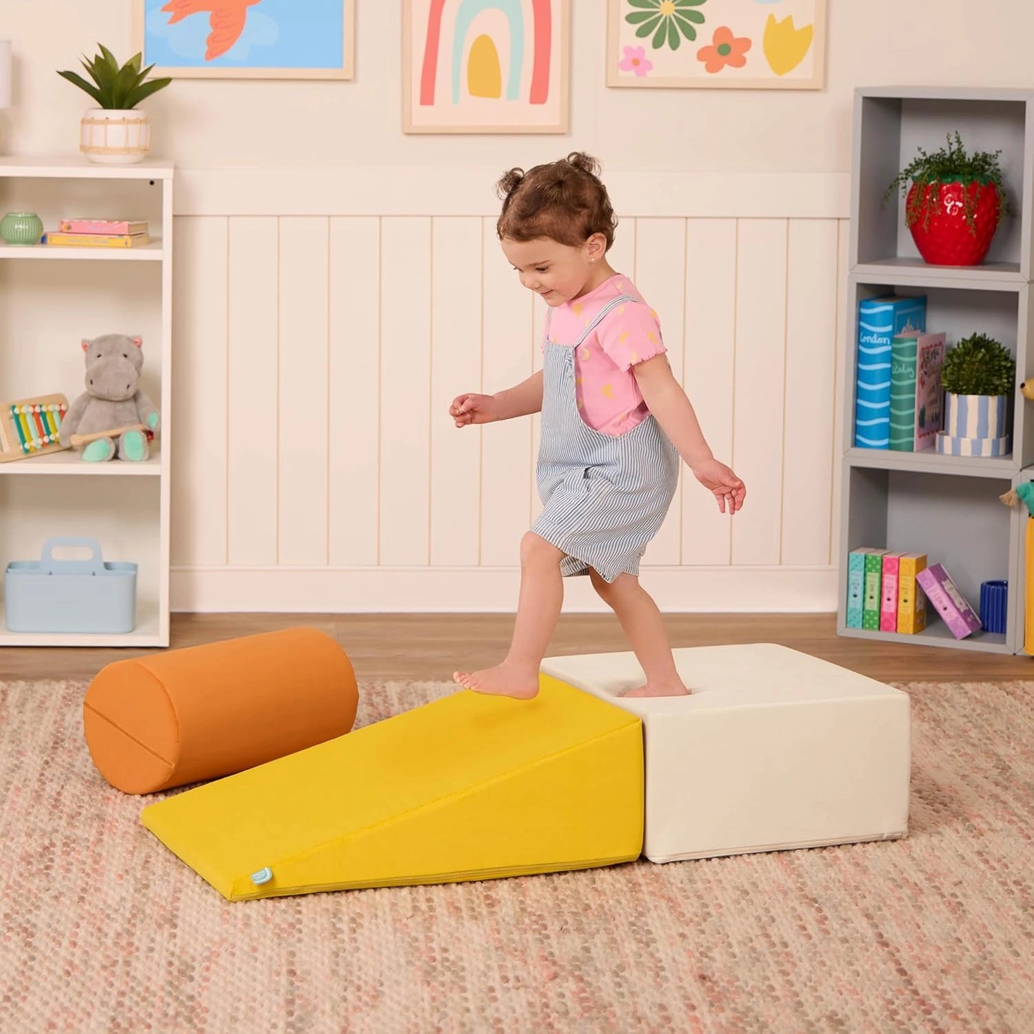 B. toys - Sensory Foam Building Blocks for Toddlers & Babies - 3-Piece Climbing Set with Cylinder, Ramp & Block - Machine Washable Covers with Easy-Grip Handles - Indoor Play Shapes for 12  Months