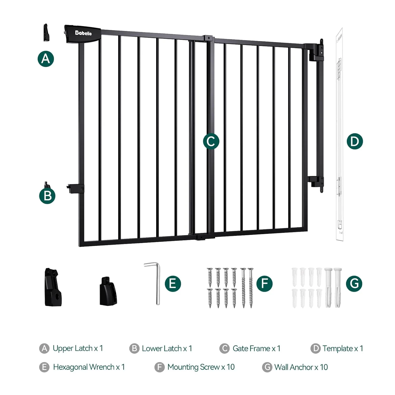 Babelio 34" Tall No Bottom Bar Baby/Dog Gate for Stairs, House and Doorways, 29.7-46.5" Auto Close Safety Pet Gates with Large Walk Thru Door, Hardware Mount, Black