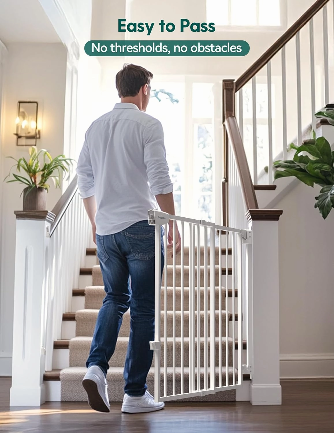 Babelio 29.7-46.5" No Bottom Bar Baby/Dog Gate for Stairs, House and Doorways, Auto Close Safety Pet Gates with Large Walk Thru Door, Hardware Mount, White