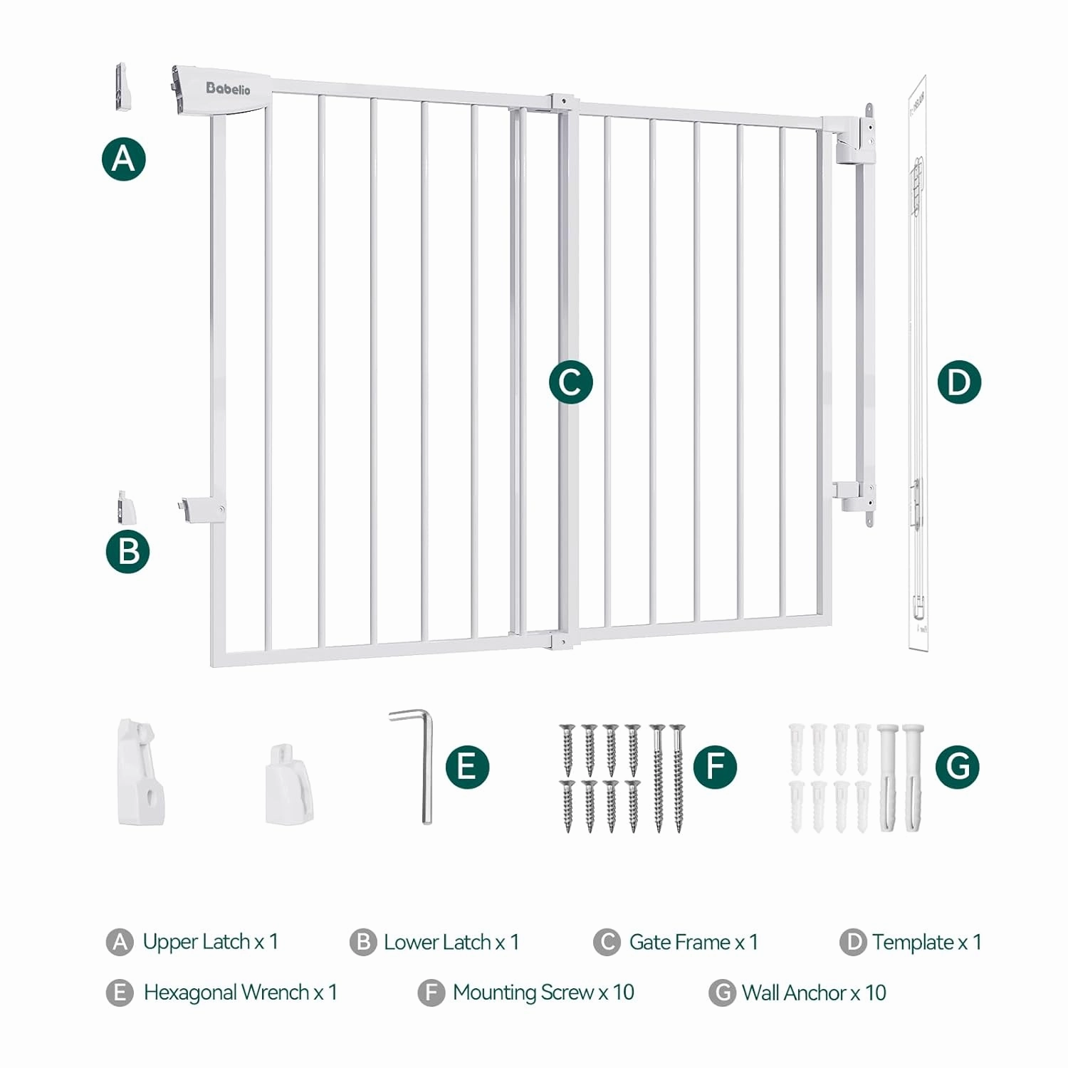 Babelio 29.7-46.5" No Bottom Bar Baby/Dog Gate for Stairs, House and Doorways, Auto Close Safety Pet Gates with Large Walk Thru Door, Hardware Mount, White
