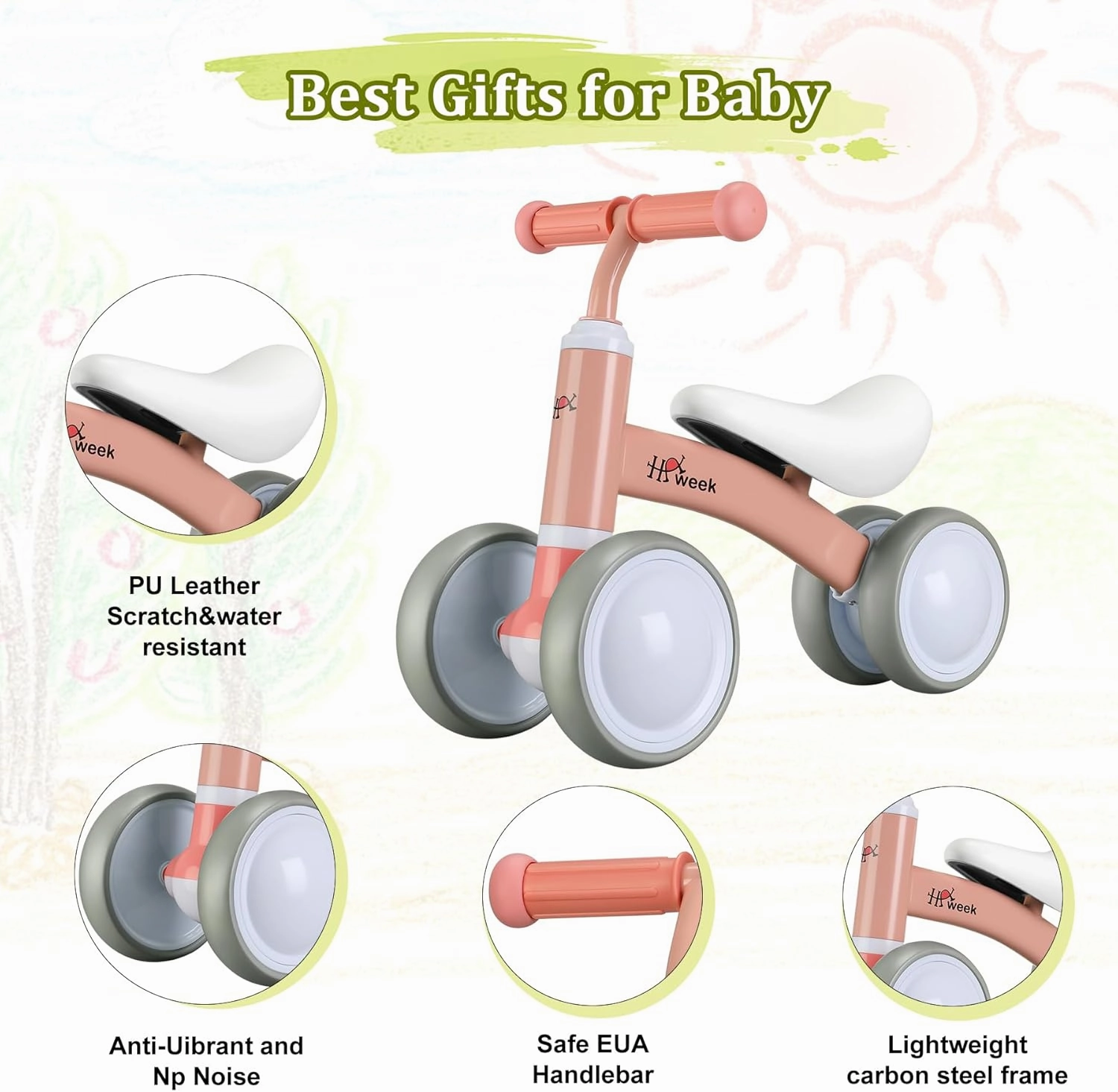 Baby Balance Bike Cute Toys for 1 Year Old Boy and Girl 12-24 Months Toddler Bike Baby Walker Riding Gifts for Boys Girls No Pedal Infant 4 Wheels Baby's First Birthday Gift (Pink)