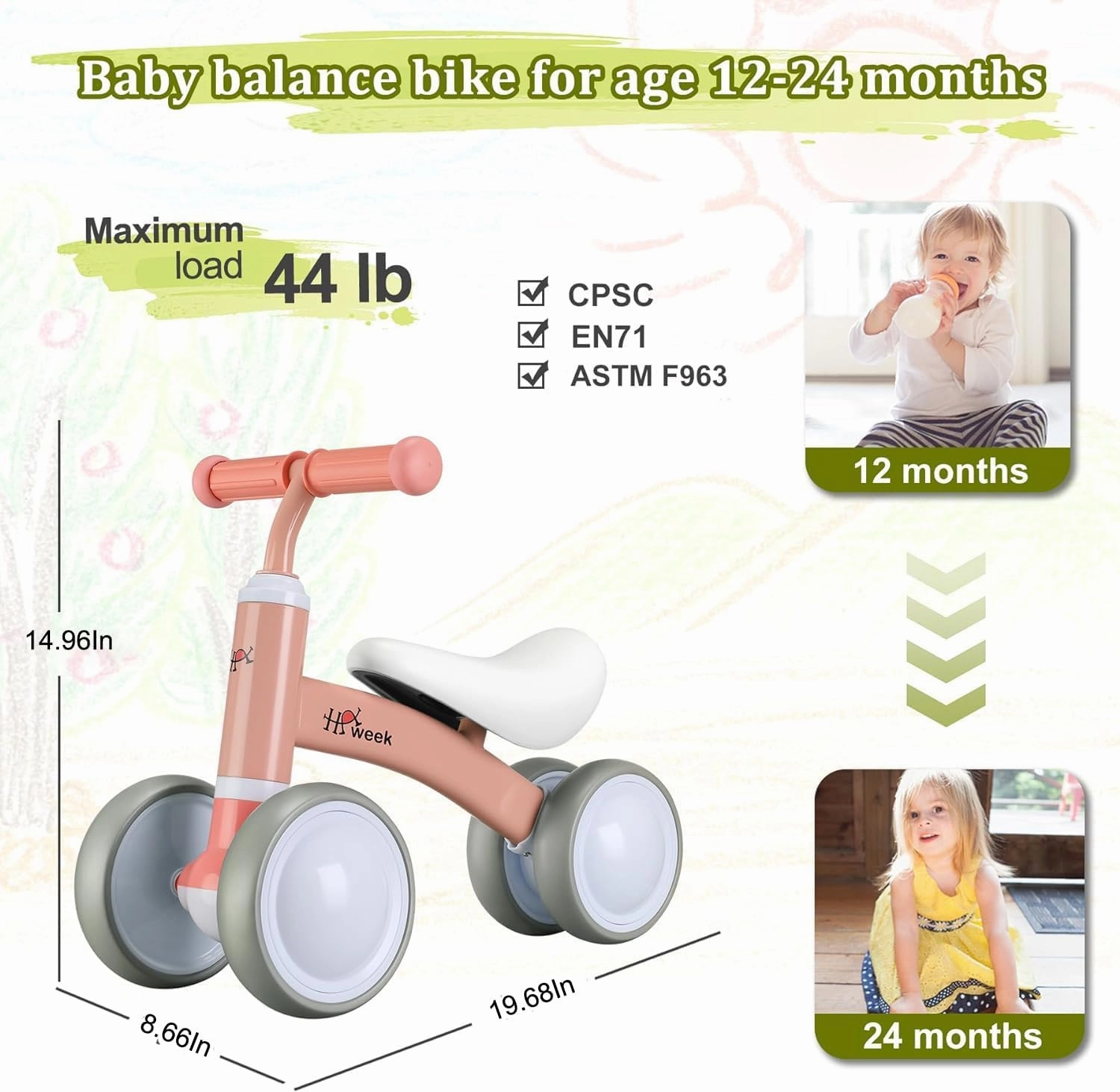 Baby Balance Bike Cute Toys for 1 Year Old Boy and Girl 12-24 Months Toddler Bike Baby Walker Riding Gifts for Boys Girls No Pedal Infant 4 Wheels Baby's First Birthday Gift (Pink)