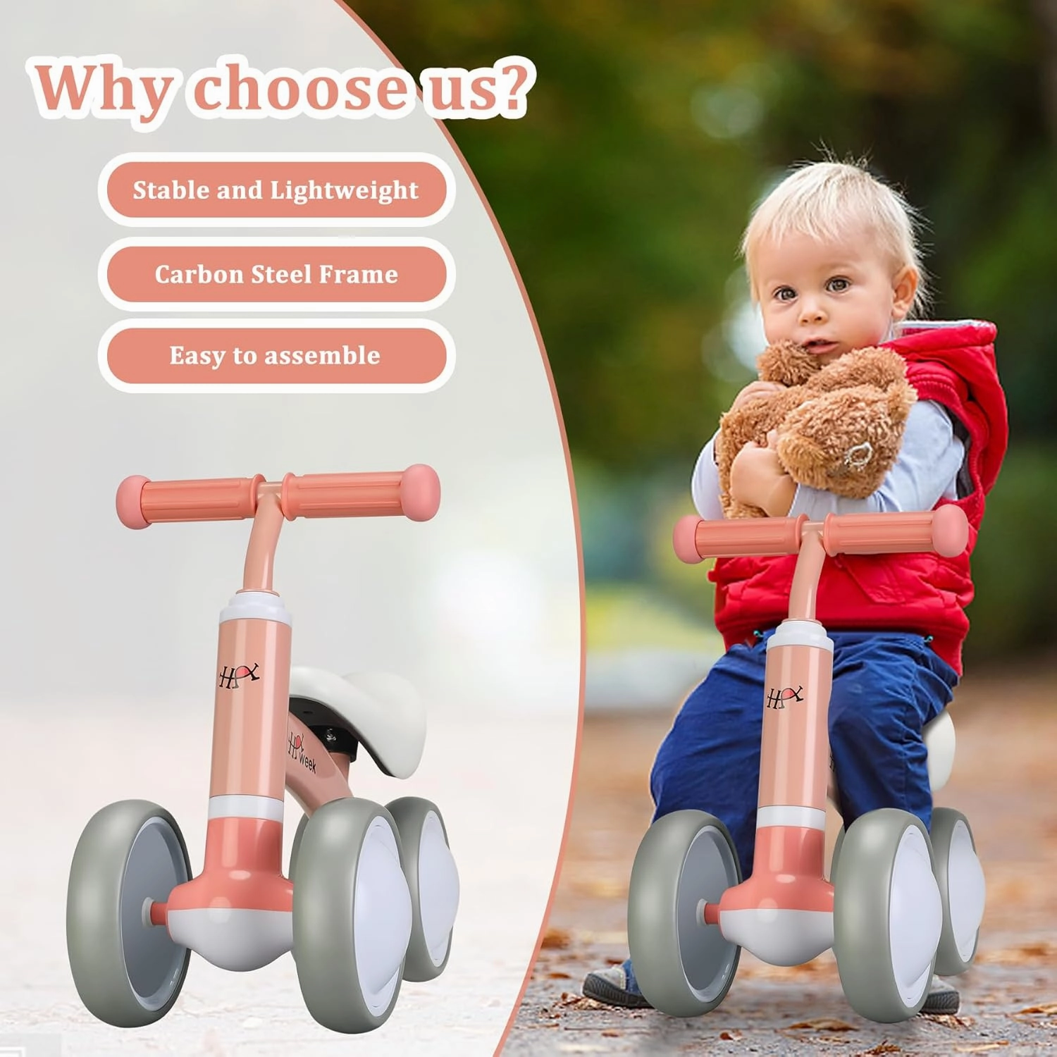 Baby Balance Bike Cute Toys for 1 Year Old Boy and Girl 12-24 Months Toddler Bike Baby Walker Riding Gifts for Boys Girls No Pedal Infant 4 Wheels Baby's First Birthday Gift (Pink)