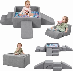 Baby Climbing Blocks with Ball Pit,6PCS Foam Climbing Toys for toddlers 1-3 Inside,Soft Crawl & Climb Activity Play Set Indoor,Modular Structure Washable Play Equipment,Gray(Balls Not Included)