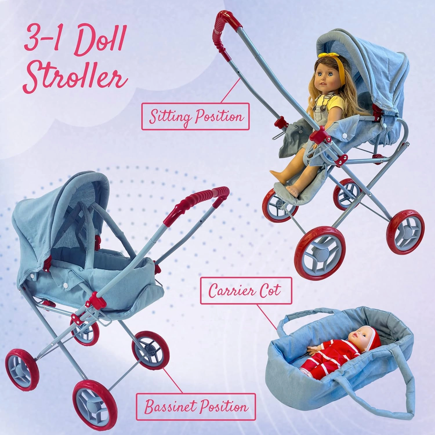 Baby Doll Stroller Play Set, 3-in-1 Babydoll Stroller with Removable Bassinet Baby Carriage for Dolls Toy Doll Stroller for Toddlers 3-4 Years, (Light Denim)