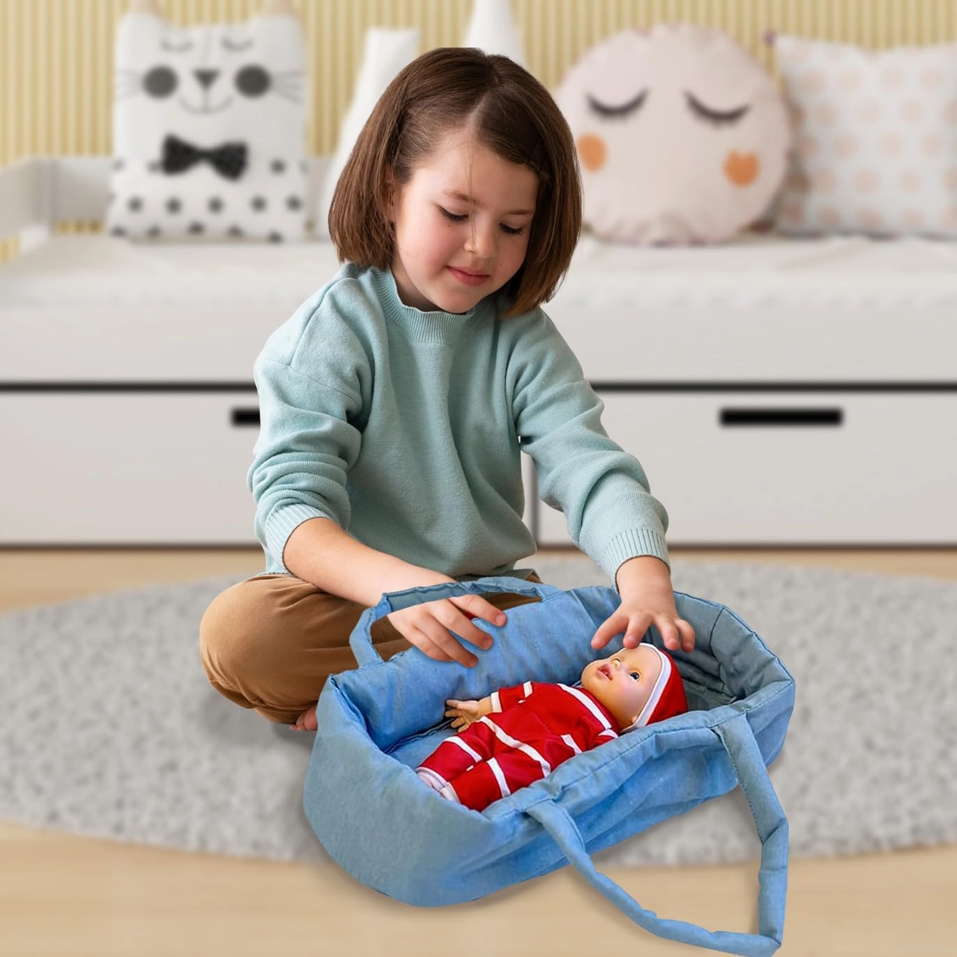 Baby Doll Stroller Play Set, 3-in-1 Babydoll Stroller with Removable Bassinet Baby Carriage for Dolls Toy Doll Stroller for Toddlers 3-4 Years, (Light Denim)