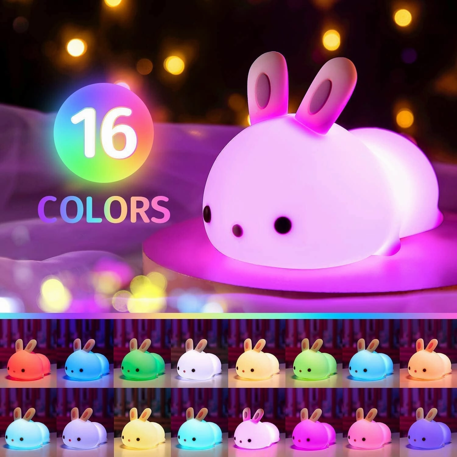 Baby Night Light Lamp, 16 Colors Rechargeable Bunny Lamp for Bedroom, Cute Stuff for Teen Girls Toddler Night Lights for Kids Room, Gifts