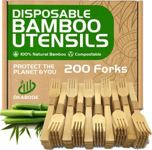 Bamboo Utensils – 200 Pack Disposable Bamboo Forks | Splinter-Free Wood Compostable Silverware Alternative | Biodegradable Eco Friendly Wood Forks Substitute | Sustainable Utensils Set