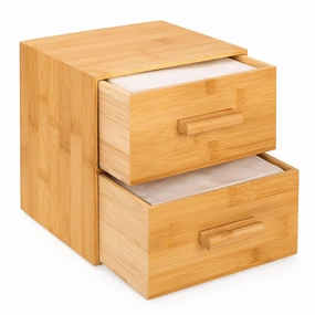 Bamboo Box with Makeup Remover Wipes, 50 XL Disposable Towels, Wash Cloths for Face and Body, Double-drawer Container for Face Towelettes