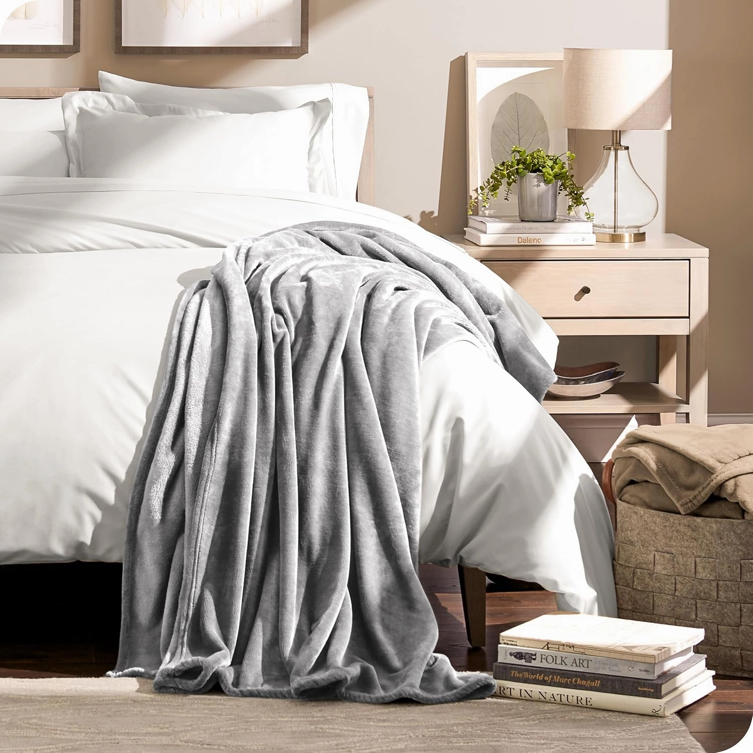 Bare Home Fleece Microplush Blanket - Full/Queen - Lightweight Throw for Bed, Sofa, Couch, Movie Night, Camping, and Travel - Cabin Blanket (Full/Queen, Light Grey)