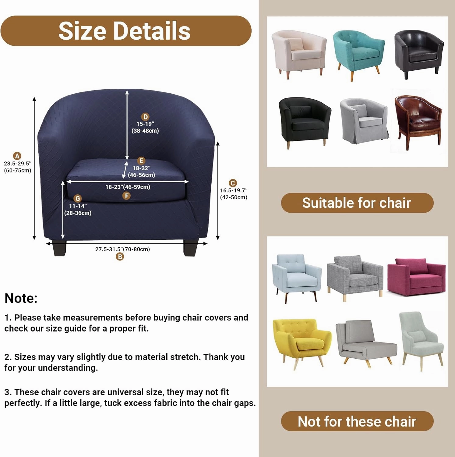 Barrel Chair Slipcover, 2 Piece Club Chair Slipcover with Chair Cushion Cover, Soft Stretch Tub Chair Slipcover with Arms Washable Furniture Protector for Living Room Office Hotel