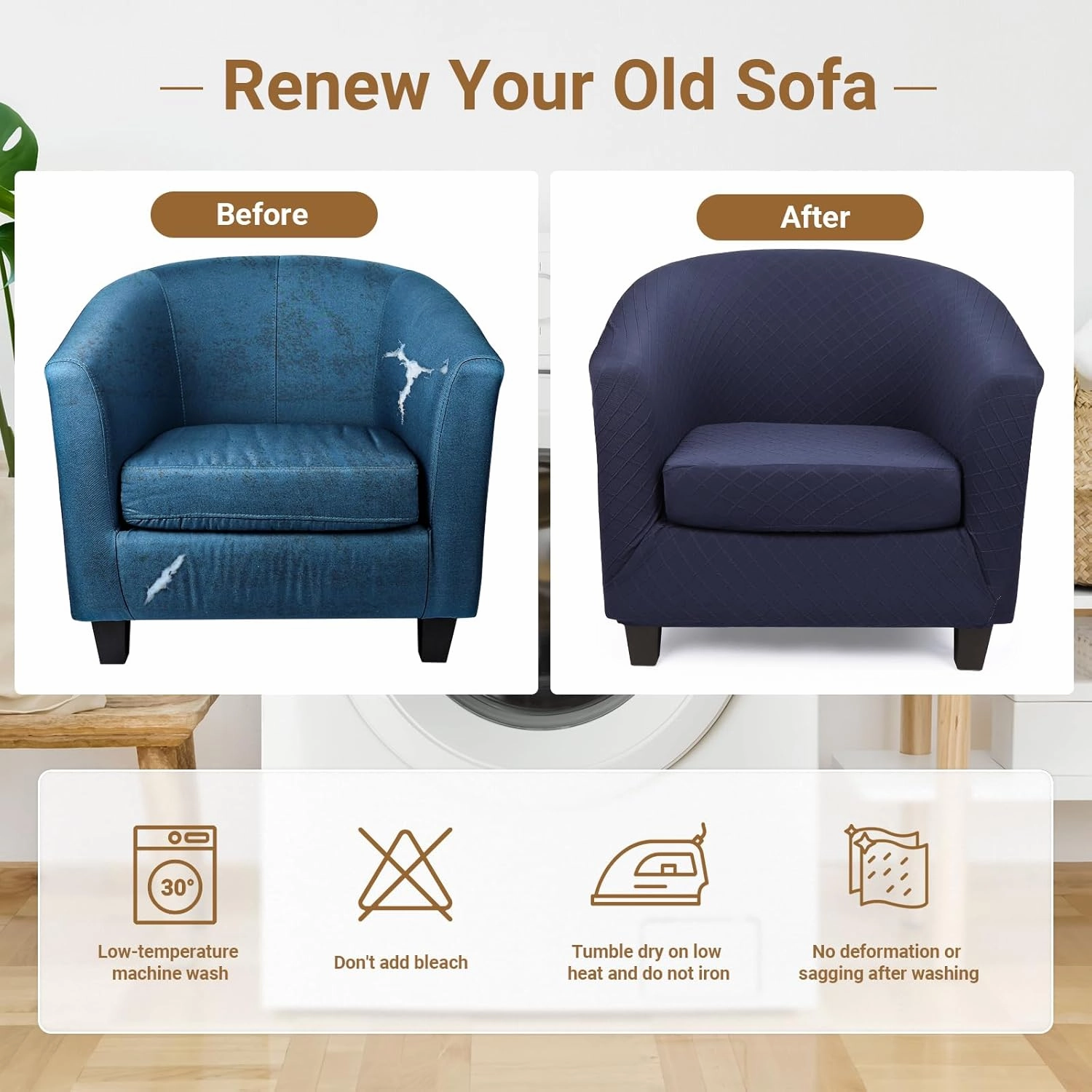 Barrel Chair Slipcover, 2 Piece Club Chair Slipcover with Chair Cushion Cover, Soft Stretch Tub Chair Slipcover with Arms Washable Furniture Protector for Living Room Office Hotel