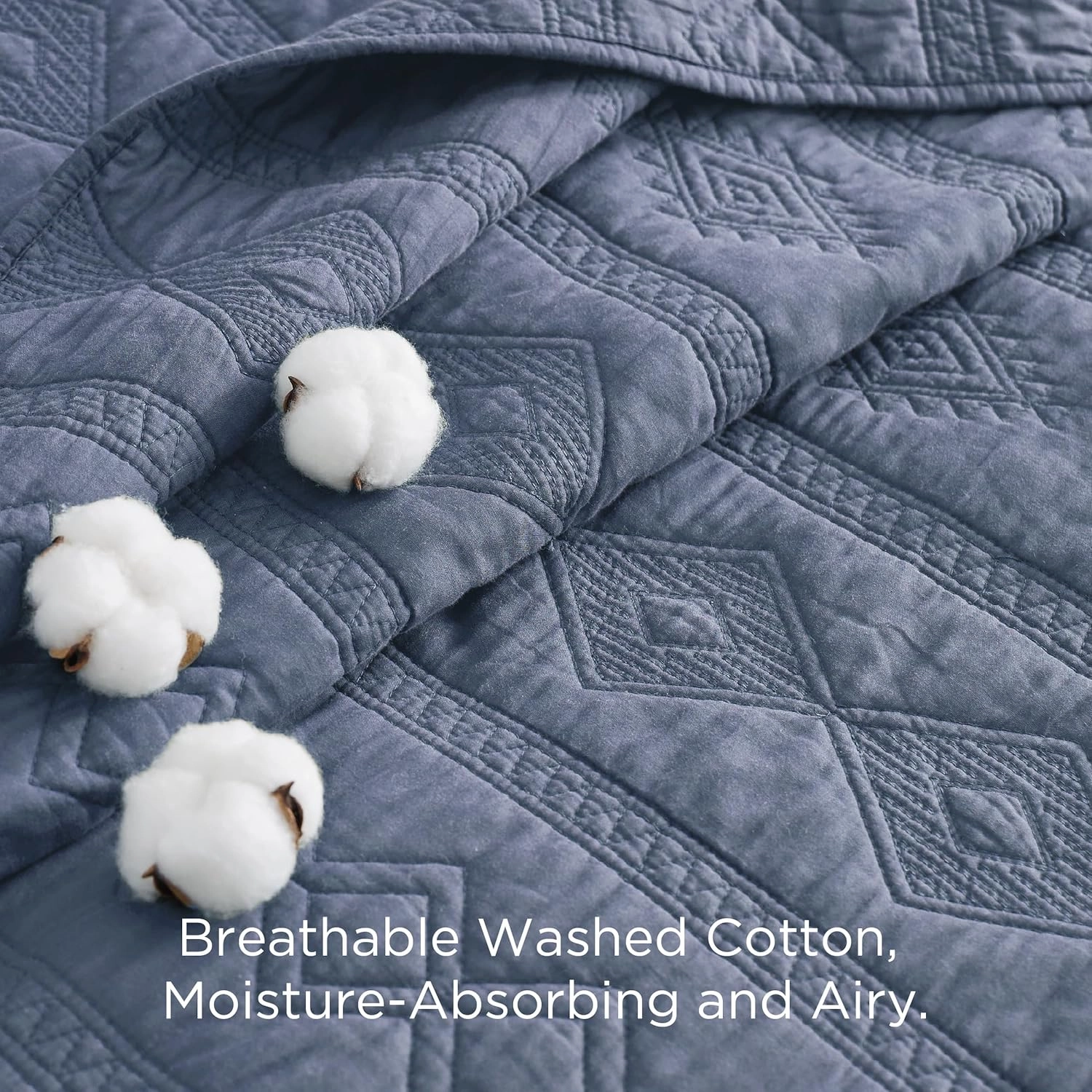 Bedsure 100% Cotton Quilt Set - Lightweight King Bedspread, Navy Blue Cozy Bedding Coverlet 3-Piece with Pillow Shams in Geometric Pattern for All Season, 106x96 inches, 100% Cotton Voile