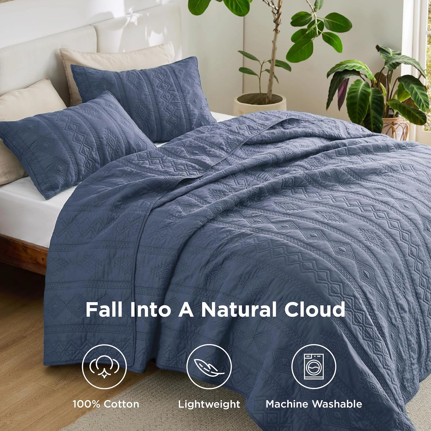 Bedsure 100% Cotton Quilt Set - Lightweight King Bedspread, Navy Blue Cozy Bedding Coverlet 3-Piece with Pillow Shams in Geometric Pattern for All Season, 106x96 inches, 100% Cotton Voile