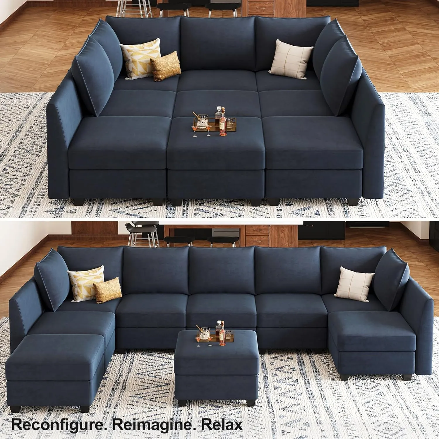 Belffin Large Modular Sectional Sofa Sleeper Couch with Storage Velvet Sectional Sofa Bed for Living Room, 9 Seats, Blue