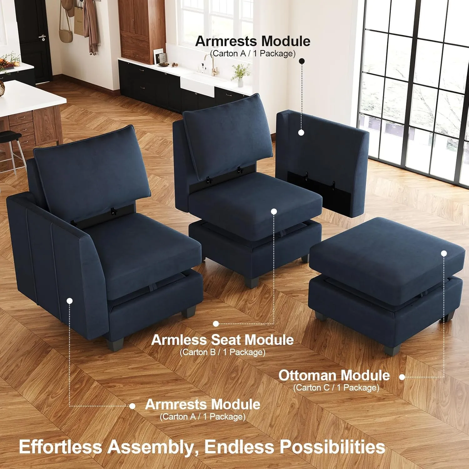 Belffin Large Modular Sectional Sofa Sleeper Couch with Storage Velvet Sectional Sofa Bed for Living Room, 9 Seats, Blue