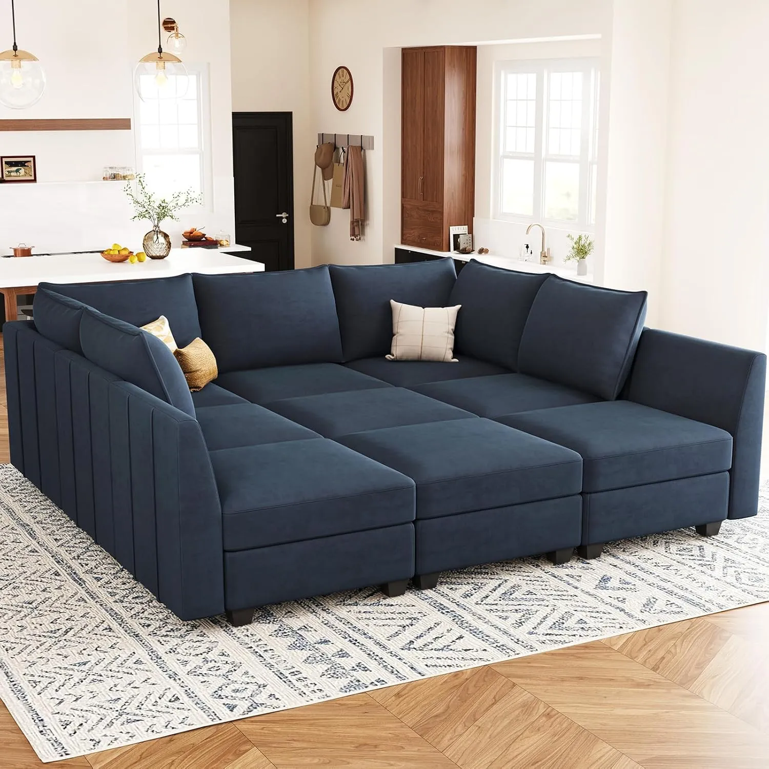 Belffin Large Modular Sectional Sofa Sleeper Couch with Storage Velvet Sectional Sofa Bed for Living Room, 9 Seats, Blue