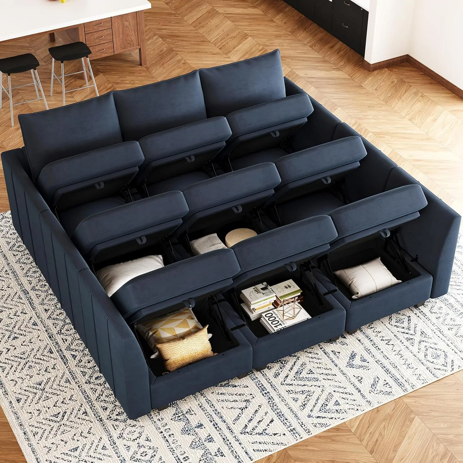 Belffin Large Modular Sectional Sofa Sleeper Couch with Storage Velvet Sectional Sofa Bed for Living Room, 9 Seats, Blue
