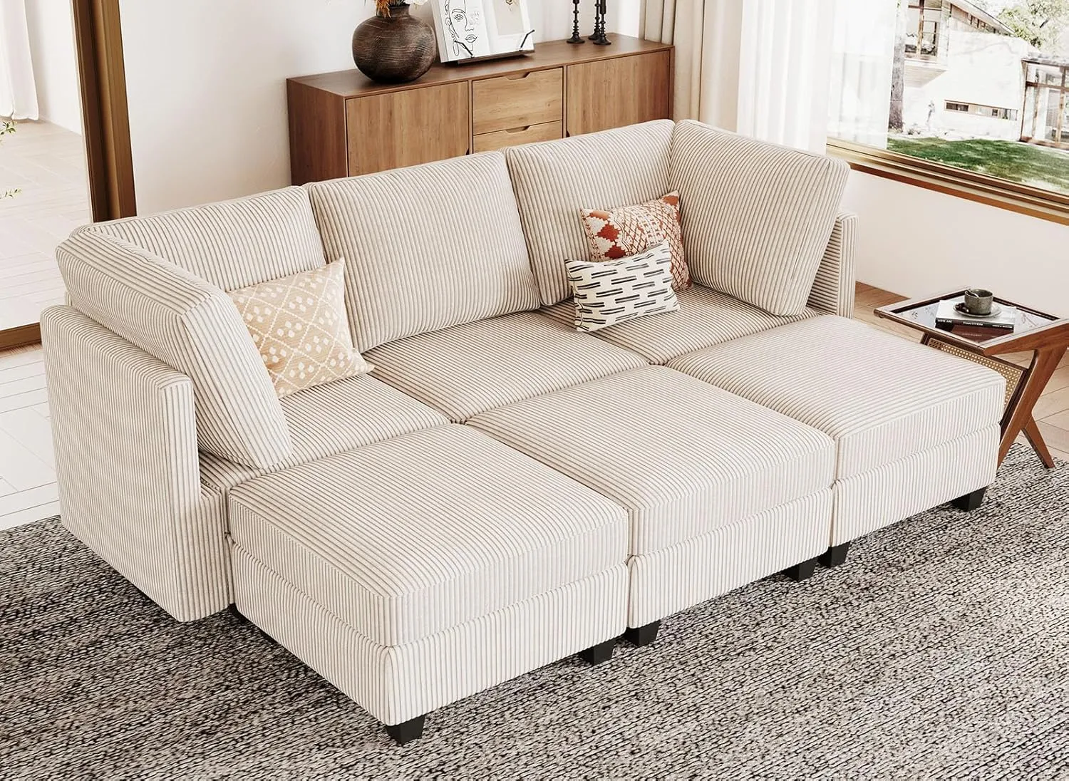 Belffin Modular Sectional Sleeper Sofa with Storage Seat 6 Seat Sleeper Sofa Bed Corduroy Convertible Sectional Couch with Reversible Chaise Beige Modular Couch for Living Room