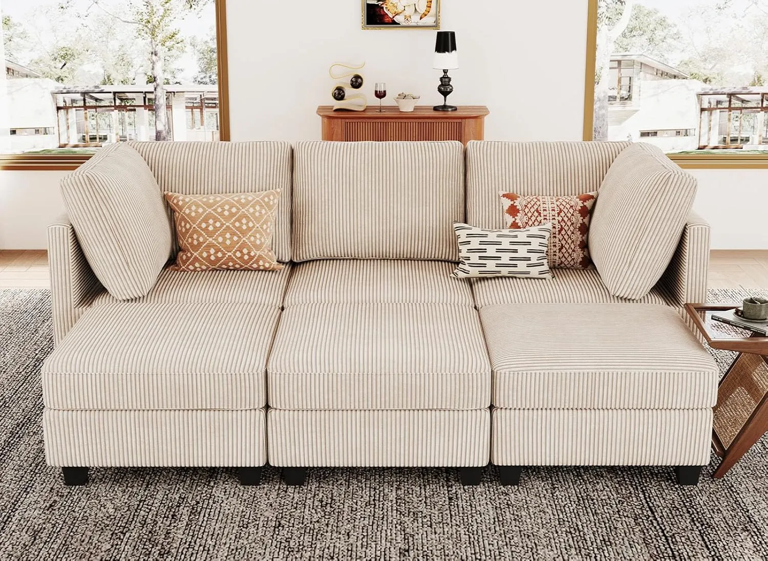Belffin Modular Sectional Sleeper Sofa with Storage Seat 6 Seat Sleeper Sofa Bed Corduroy Convertible Sectional Couch with Reversible Chaise Beige Modular Couch for Living Room