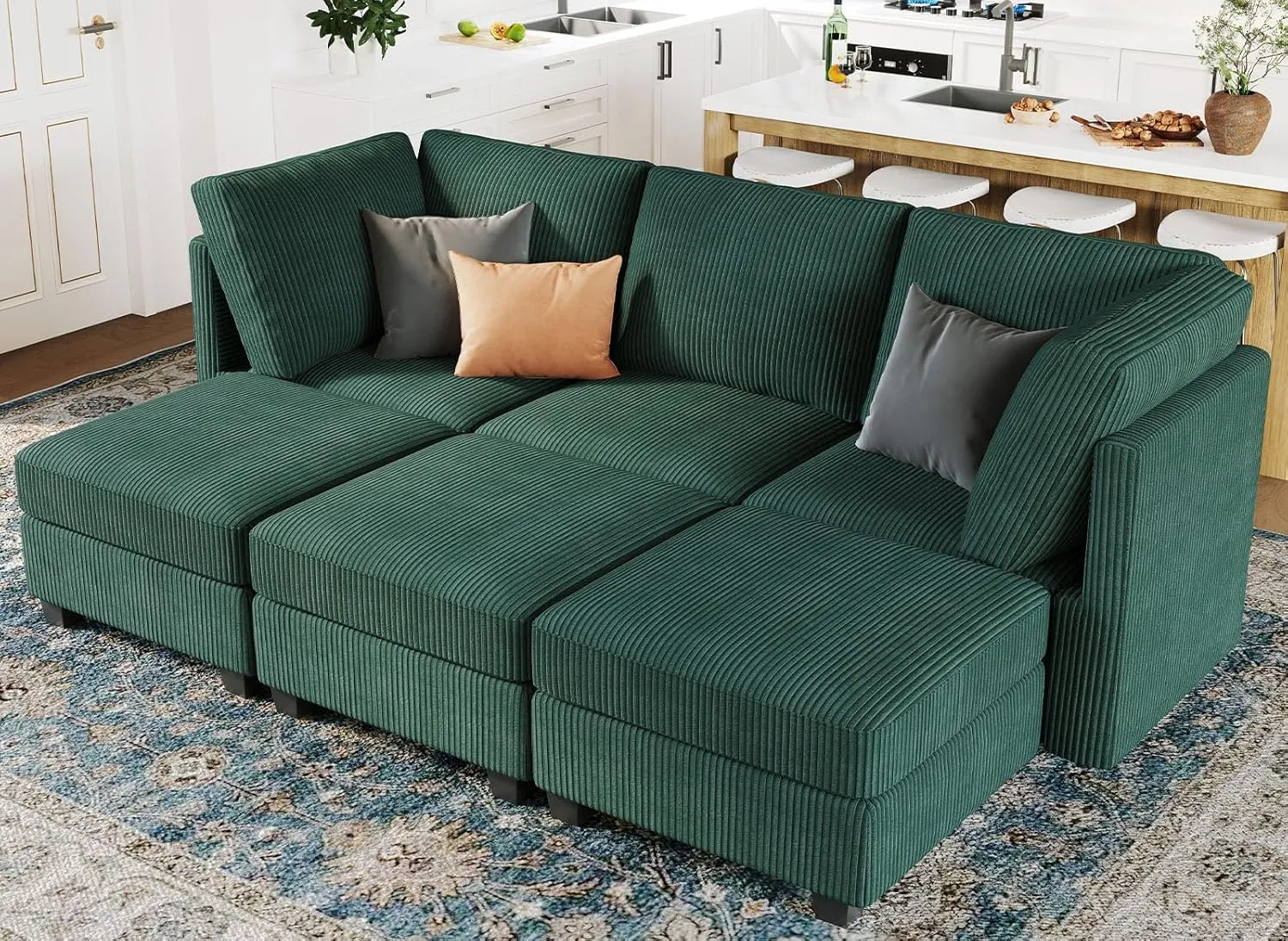 Belffin Modular Sectional Sleeper Sofa with Storage Seat 6 Seat Sleeper Sofa Bed Corduroy Sectional Couch with Reversible Chaise Green Modular Couch for Living Room