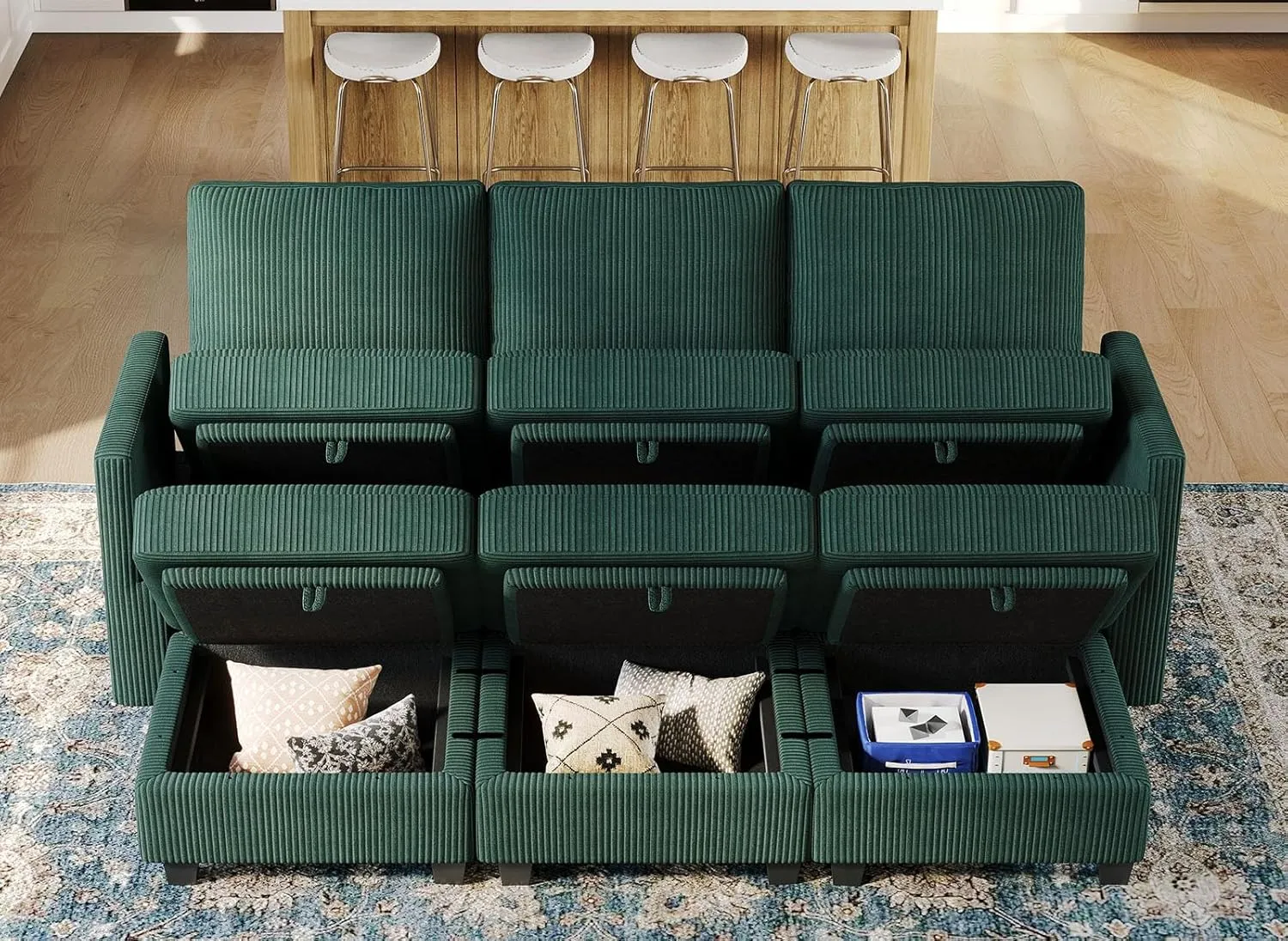 Belffin Modular Sectional Sleeper Sofa with Storage Seat 6 Seat Sleeper Sofa Bed Corduroy Sectional Couch with Reversible Chaise Green Modular Couch for Living Room