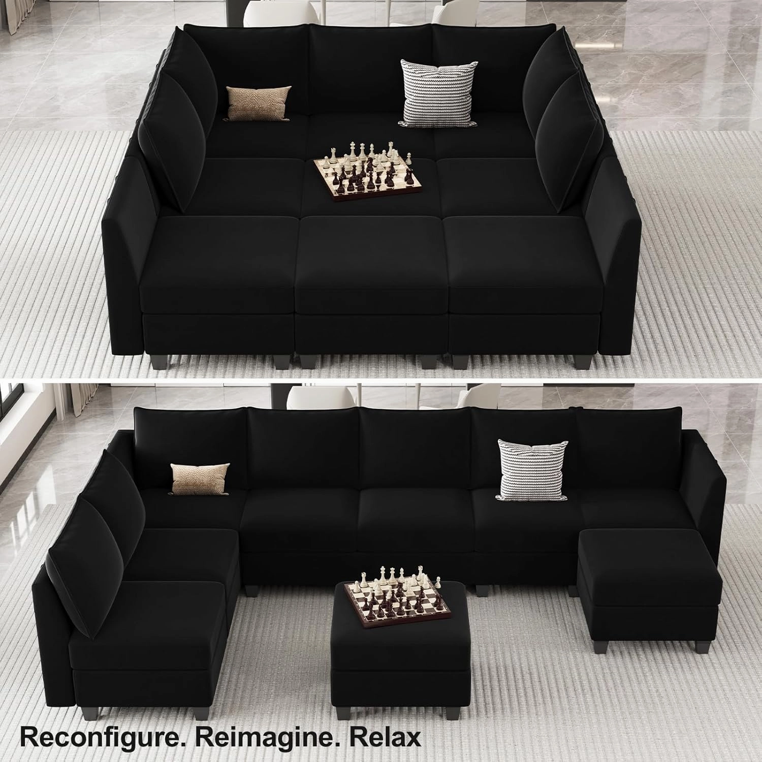 Belffin Large Modular Sectional Sofa Sleeper Couch with Storage Velvet Sectional Sofa Bed for Living Room, 9 Seats, Black