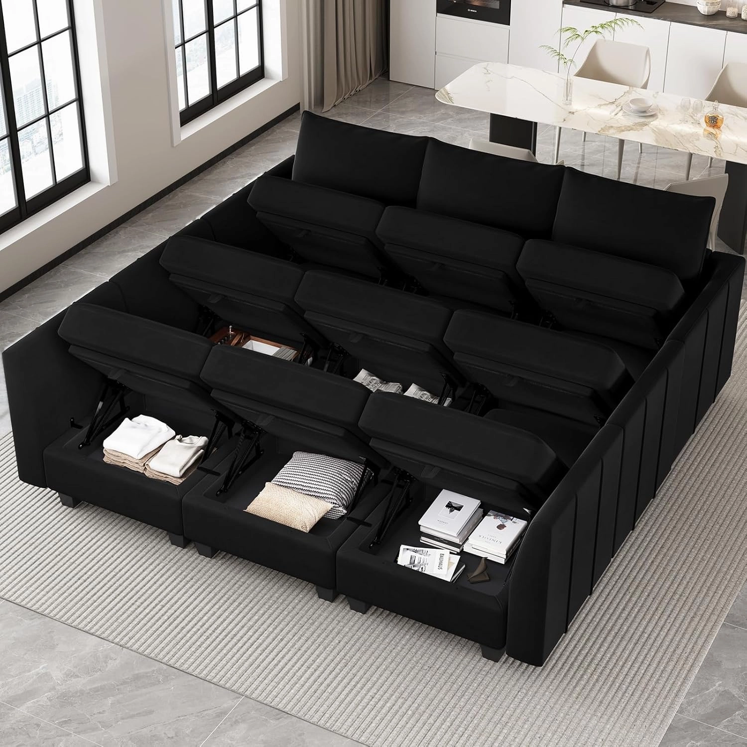 Belffin Large Modular Sectional Sofa Sleeper Couch with Storage Velvet Sectional Sofa Bed for Living Room, 9 Seats, Black