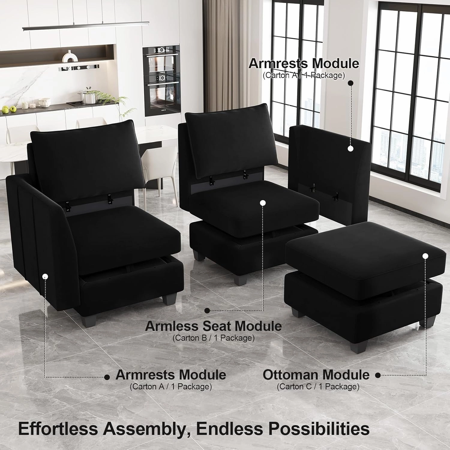 Belffin Large Modular Sectional Sofa Sleeper Couch with Storage Velvet Sectional Sofa Bed for Living Room, 9 Seats, Black