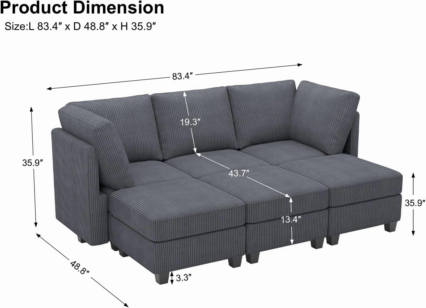 Belffin Modular Sectional Sleeper Sofa with Storage Seat 6 Seat Sleeper Sofa Bed Corduroy Sectional Couch with Reversible Chaise Dark Grey Modular Couch for Living Room