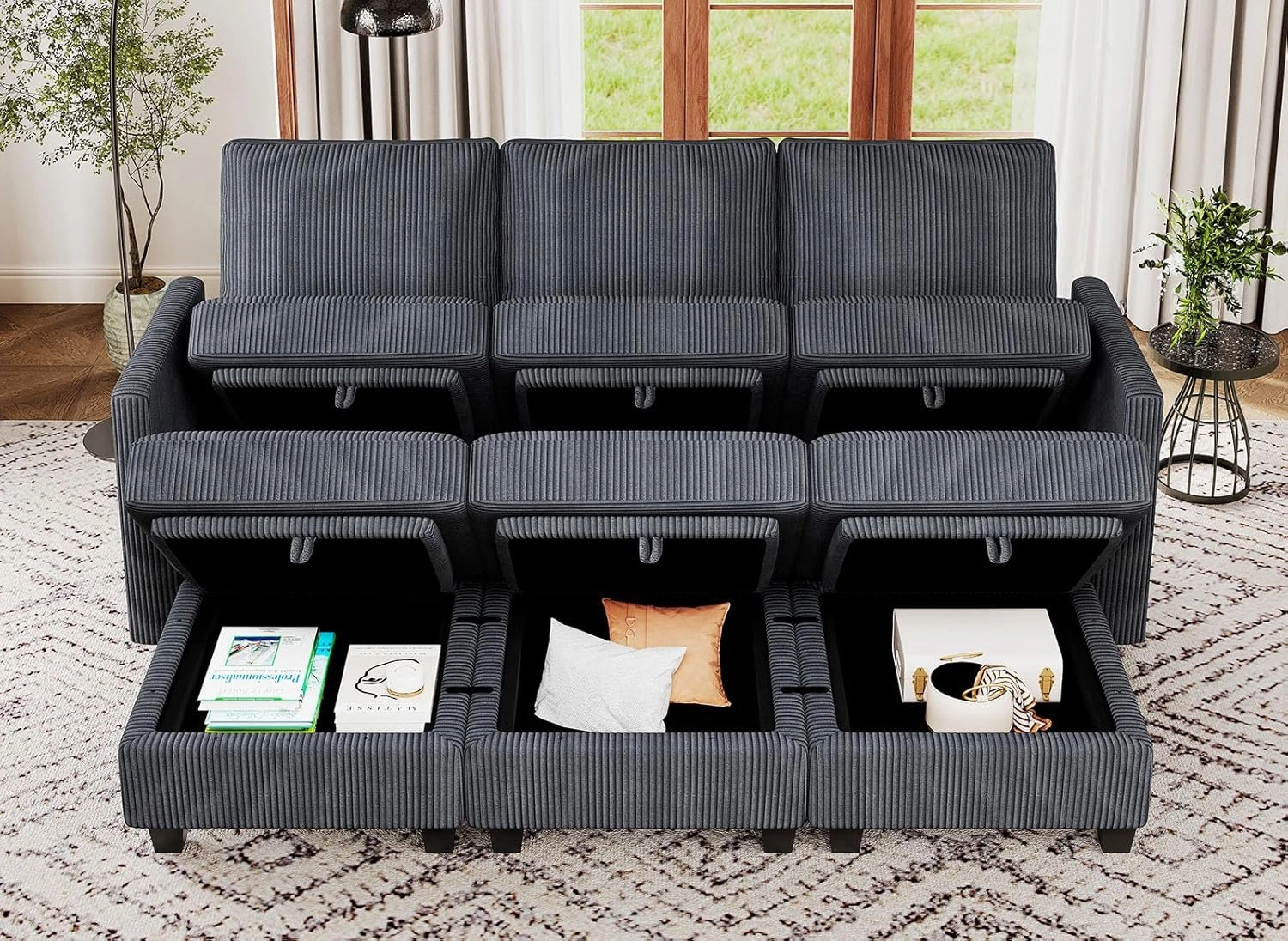 Belffin Modular Sectional Sleeper Sofa with Storage Seat 6 Seat Sleeper Sofa Bed Corduroy Sectional Couch with Reversible Chaise Dark Grey Modular Couch for Living Room